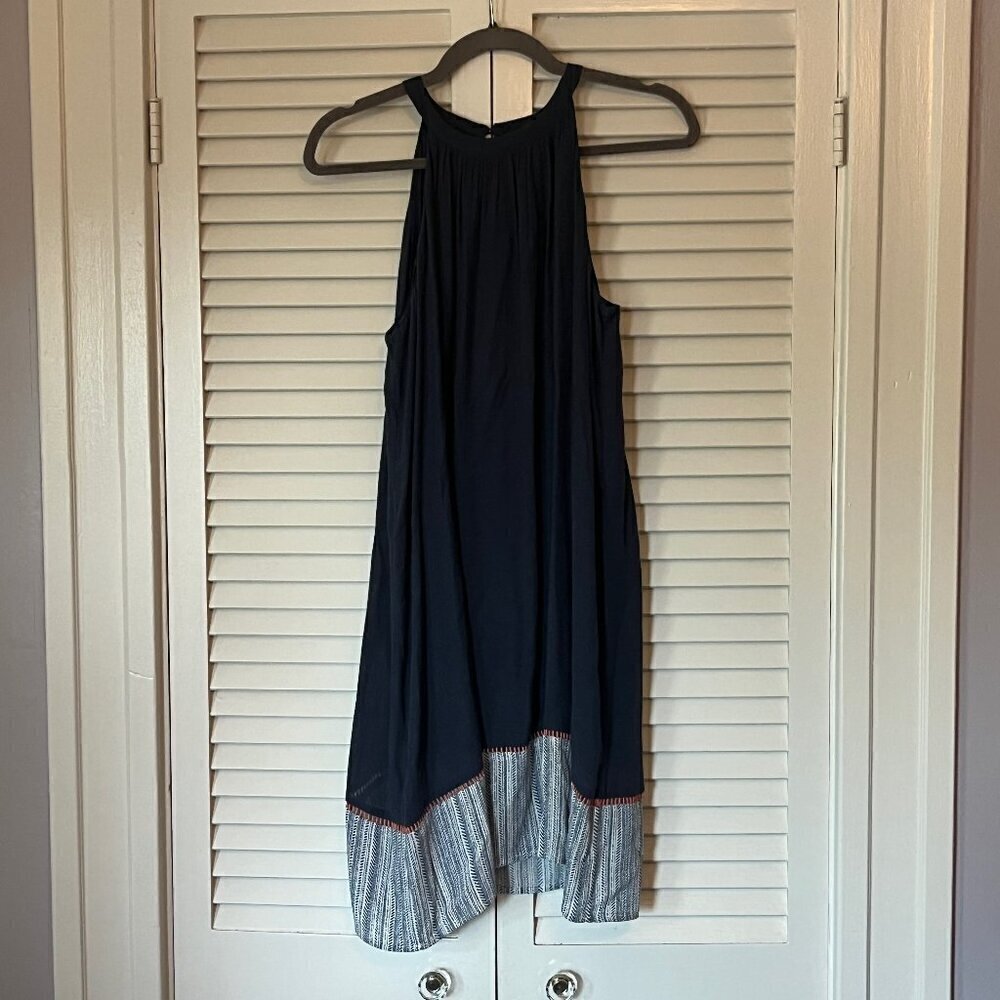 THML mini dress embroidered navy blue small halter neck